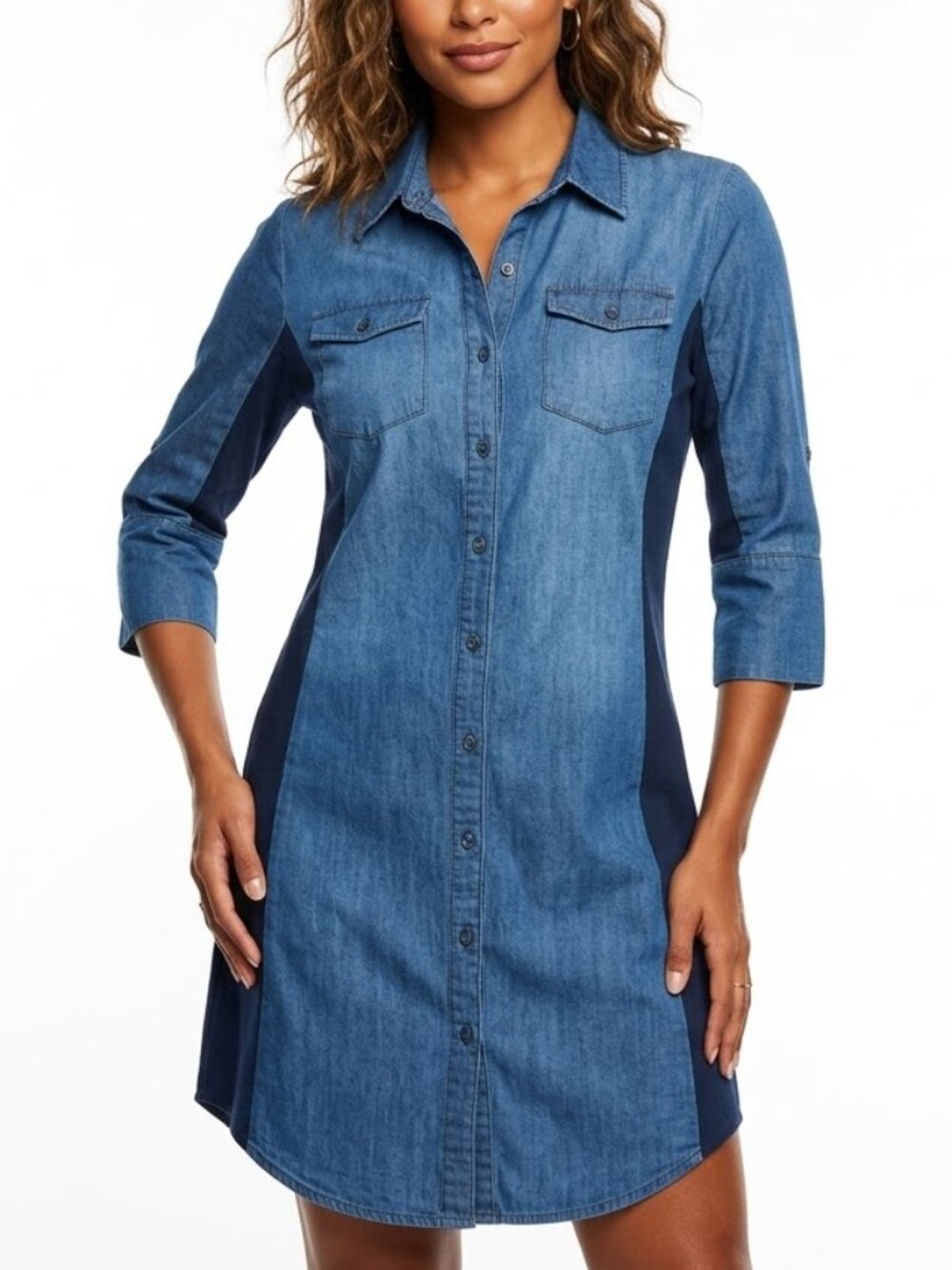 Lapis Western Petite XL Denim Shirt Dress Contrast Panel Blue